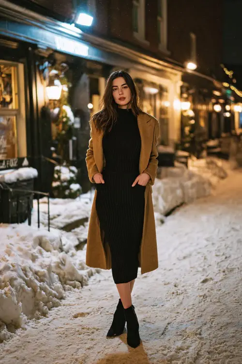 A woman wears a long-sleeve black knit midi dress paired with heeled ankle boots and a camel wool coat, standing outside a softly lit restaurant on a snowy winter night