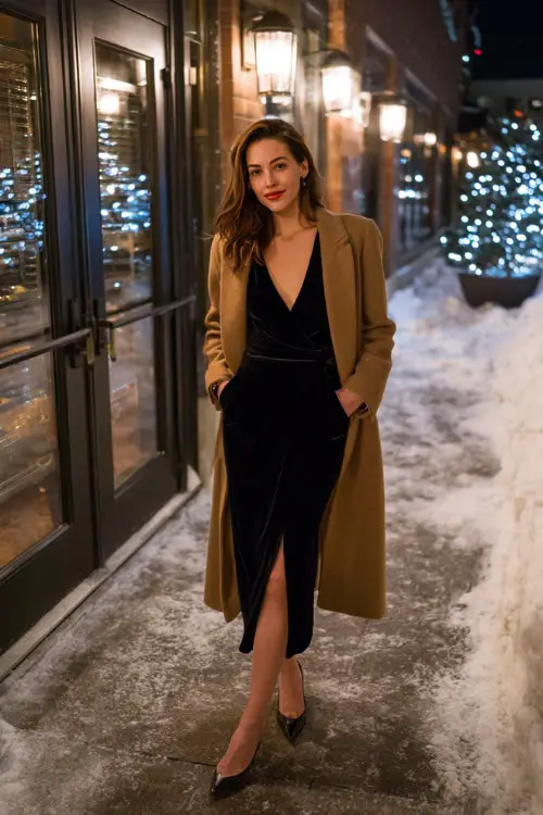 A woman wears a long-sleeve black velvet midi dress with a subtle slit, paired with pointed-toe heels and a tailored camel coat