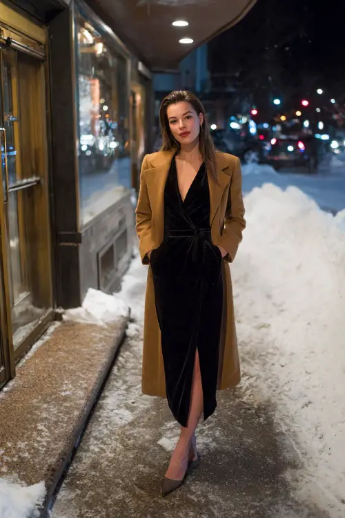 A woman wears a long-sleeve black velvet midi dress with a subtle slit, paired with pointed-toe heels and a tailored camel coat