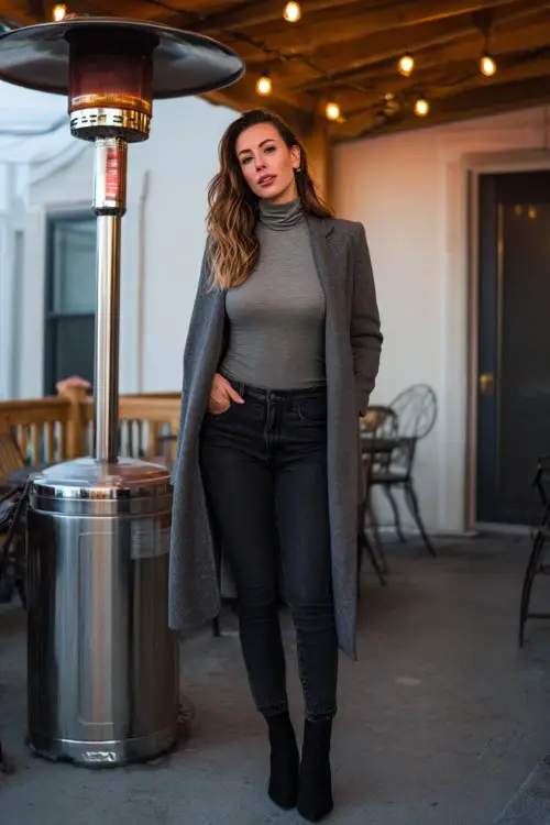 A woman wears a long-sleeve fitted top under a wool wrap coat, paired with dark denim and block-heel ankle boots