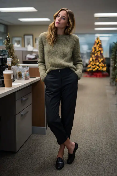 A woman wears a moss-green ribbed sweater, black straight trousers, classic loafers with a heel 