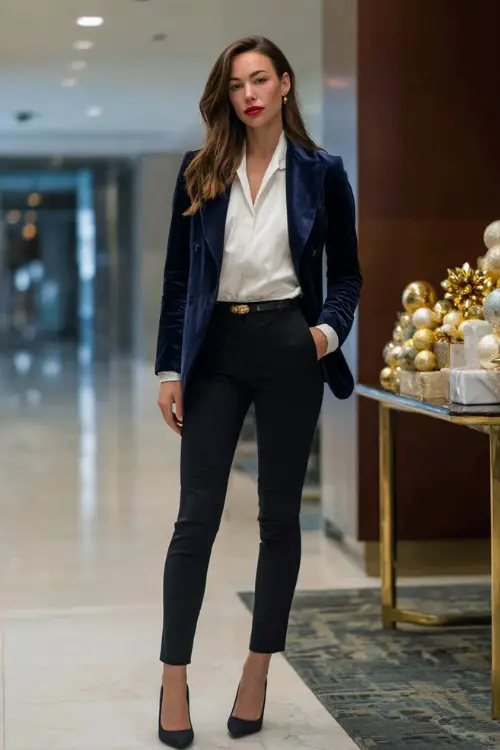 A woman wears a navy belted blazer over a white blouse, slim black pants, sleek pumps, full body shot in a polished office lobby with gold Christmas ornaments and wrapped gifts on a side table