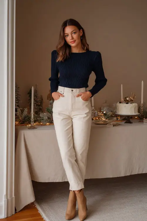 A woman wears a navy knit top, cream tailored pants, tan ankle boots, full body portrait in a tidy apartment decorated for Christmas with a cake table and soft warm ambient lighting