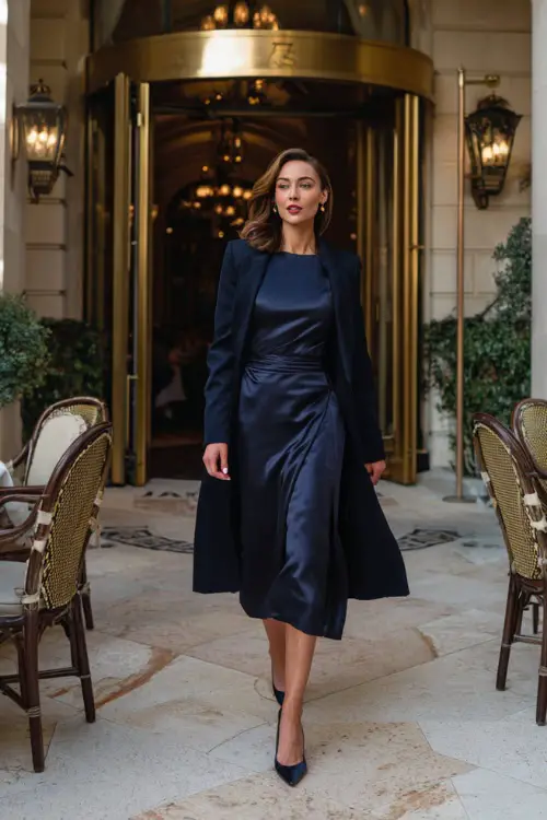 A woman wears a navy long-sleeve satin dress with a soft drape, styled with heeled pumps and a structured wool coat, walking toward an elegant winter dining entrance