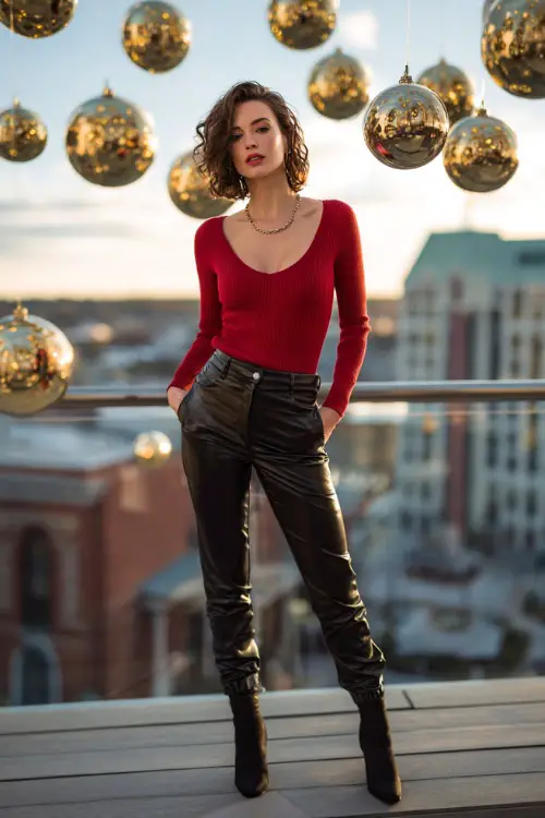A woman wears a red fitted knit top, black leather pants, heeled ankle boots, standing full body in a stylish city rooftop Christmas party with glowing ornaments