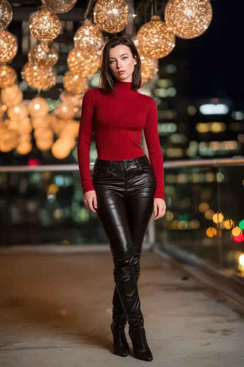 A woman wears a red fitted knit top, black leather pants, heeled ankle boots, standing full body in a stylish city rooftop Christmas party with glowing ornaments