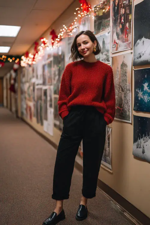 A woman wears a red knit sweater, black ankle-length trousers, and low-heel loafers, standing full body in a decorated school hallway with Christmas posters and soft string lights 