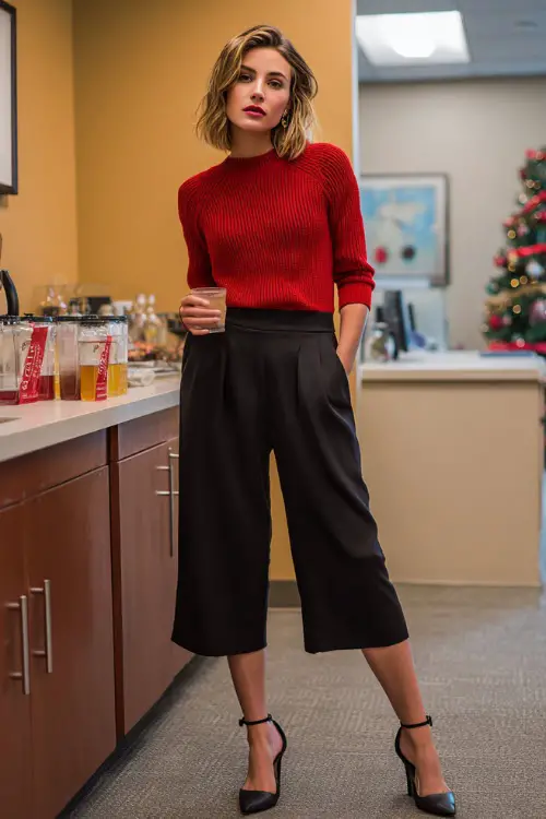 A woman wears a red knit top, black culotte pants, elegant ankle-strap heels, standing full body in an office break room set up for a work holiday toast with subtle festive décor