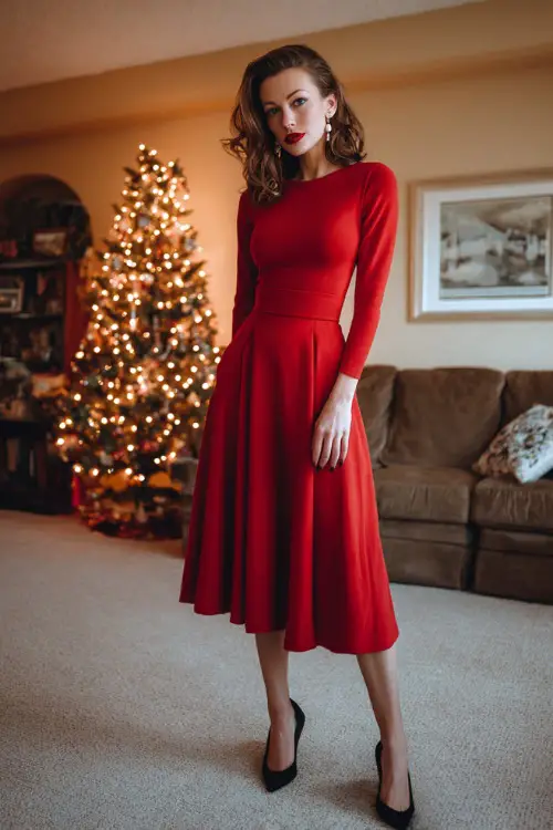 A woman wears a red long-sleeve A-line midi dress, black ballet-heel pumps, pearl drop earrings, posed full body in a cozy living room with soft Christmas lights