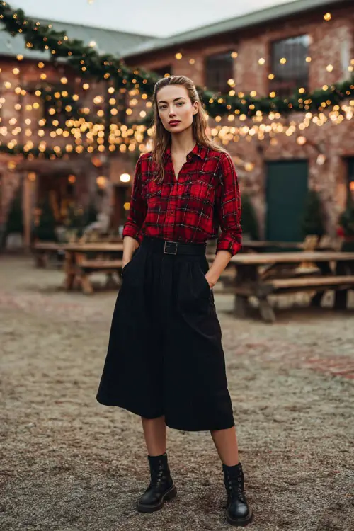 A woman wears a red plaid shirt, black midi skirt, flat leather boots, standing full body in the school courtyard decorated with holiday garlands and string lights for a casual Christmas gathering