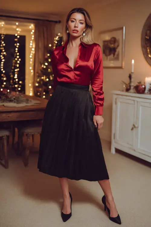 A woman wears a red satin blouse tucked into a black pleated midi skirt, pointed heels, and pearl earrings, standing full body in a warm Christmas party room with glowing fairy lights 