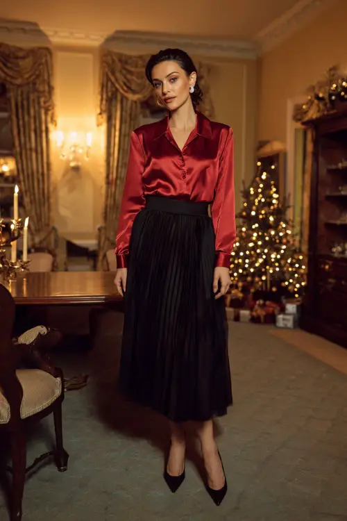A woman wears a red satin blouse tucked into a black pleated midi skirt, pointed heels, and pearl earrings, standing full body in a warm Christmas party room with glowing fairy lights