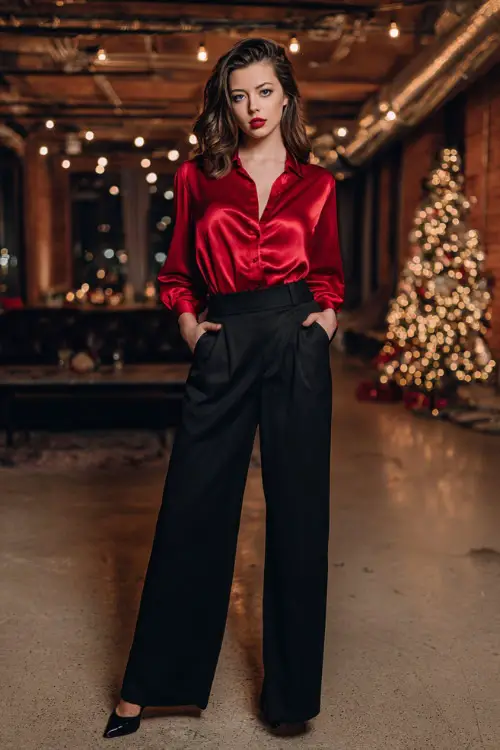 A woman wears a red satin blouse tucked into high-waist black wide-leg trousers, pointed heels, standing full body in a chic Christmas party loft with warm lights and ornaments
