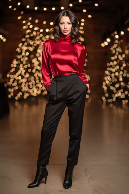 A woman wears a red satin high-neck top tucked into black tailored trousers, heeled boots, posed full body at a modern Christmas party with warm ambient lighting