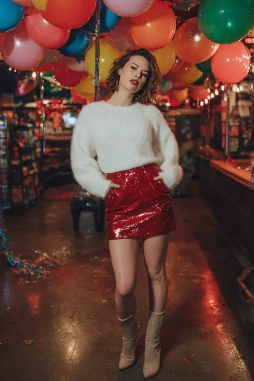 A woman wears a red sequin mini skirt, white fuzzy sweater, and ankle boots, standing full body in a lively Christmas party room with balloons and colorful lights 