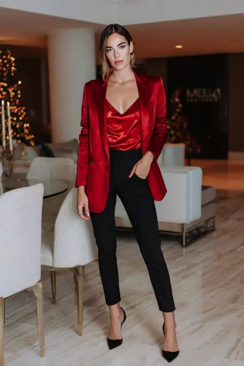 A woman wears a red structured blazer over a matching red satin top, black slim trousers, pointed heels, posed full body in a modern upscale holiday party room with elegant décor