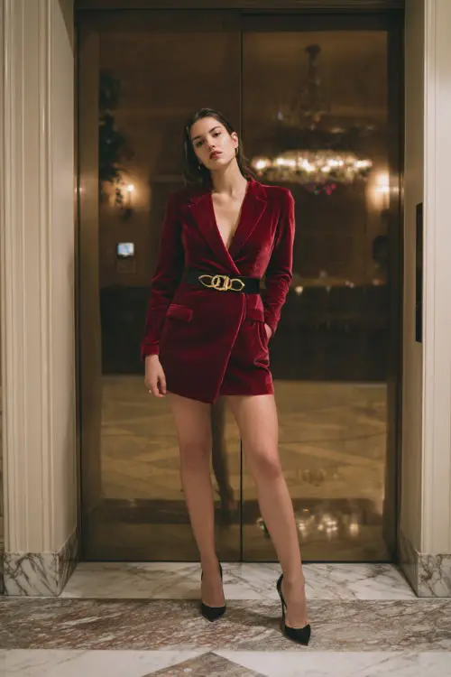 A woman wears a red velvet blazer dress with a gold buckle detail, black pointed heels