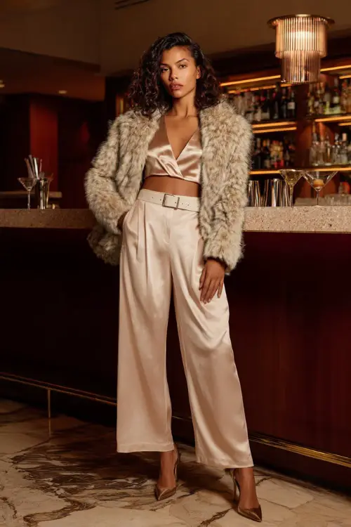 A woman wears a silky champagne blouse tucked into high-waisted wide-leg pants with a belted waist, paired with heeled pumps and a cropped faux-fur jacket