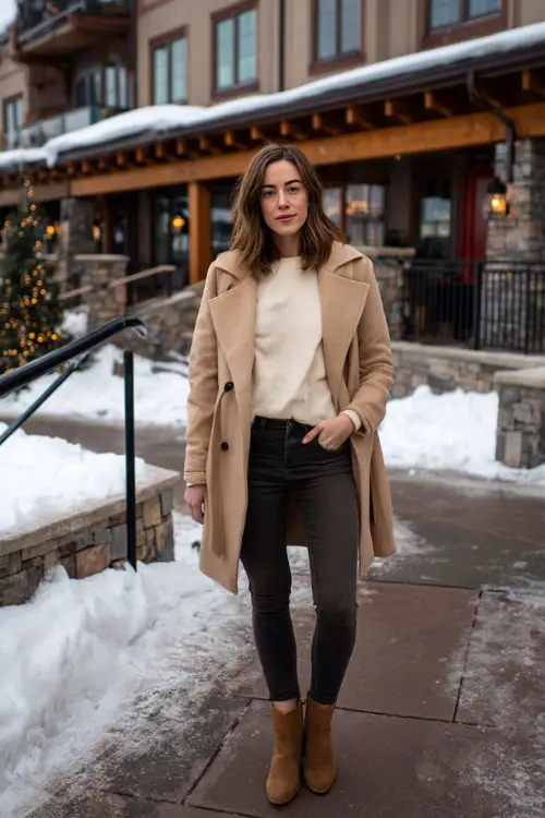 A woman wears a simple cream henley top layered under a belted camel coat, paired with skinny jeans and suede boots, posing near a snowy walkway leading to a warm casual restaurant