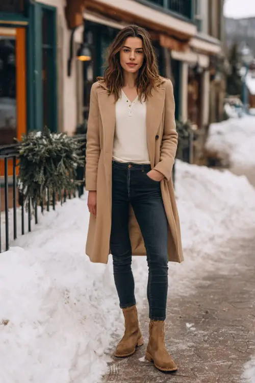 A woman wears a simple cream henley top layered under a belted camel coat, paired with skinny jeans and suede boots