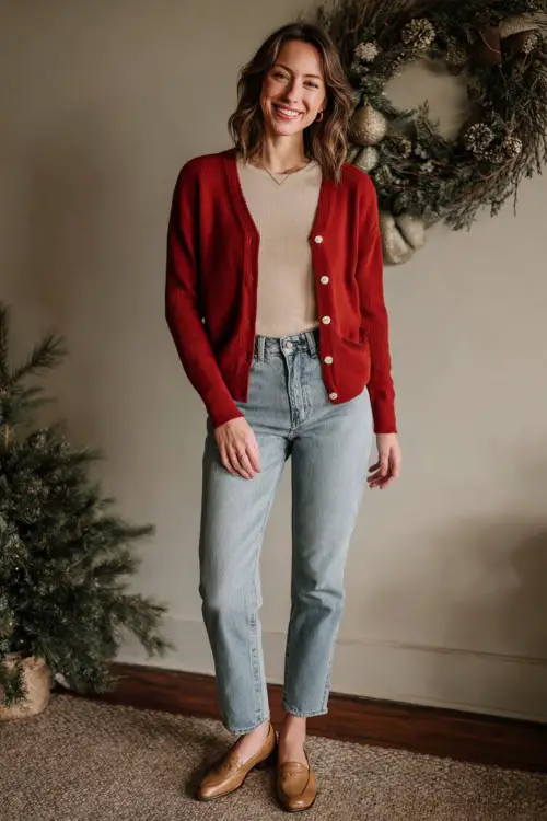 A woman wears a simple red cardigan over a cotton tee, straight jeans, tan loafers with a small heel, posed full body in a cozy indoor photoshoot set with a minimalist Christmas wreath on wall
