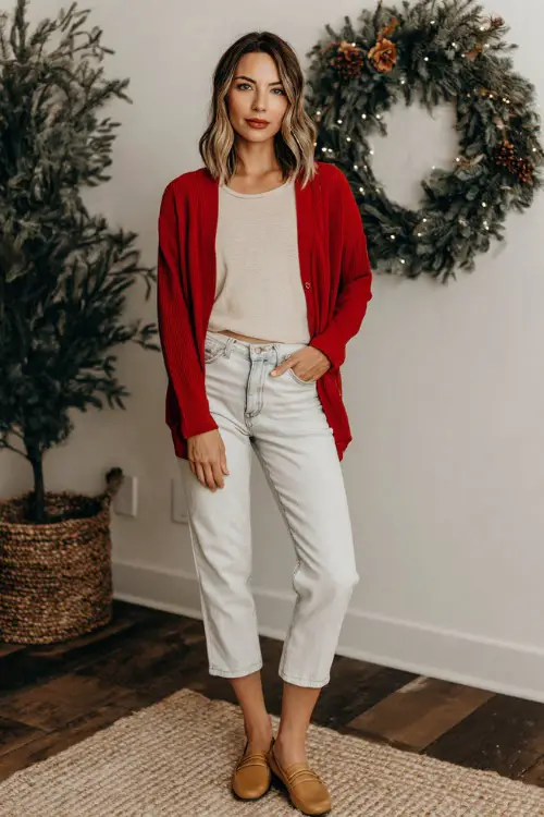 A woman wears a simple red cardigan over a cotton tee, straight jeans, tan loafers with a small heel