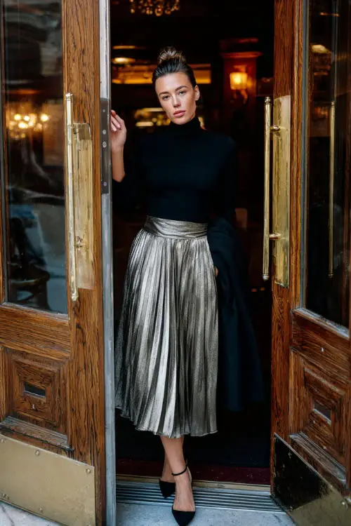 A woman wears a sleek black mock-neck top tucked into a shimmering metallic pleated skirt, styled with ankle-strap heels and a wool wrap coat