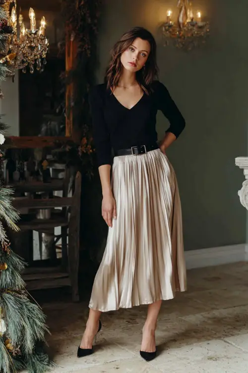 A woman wears a soft black knit top with a champagne pleated maxi skirt, thin belt, and heels, full body in a refined indoor party with garland decor 