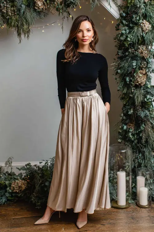 A woman wears a soft black knit top with a champagne pleated maxi skirt, thin belt, and heels, full body in a refined indoor party with garland decor