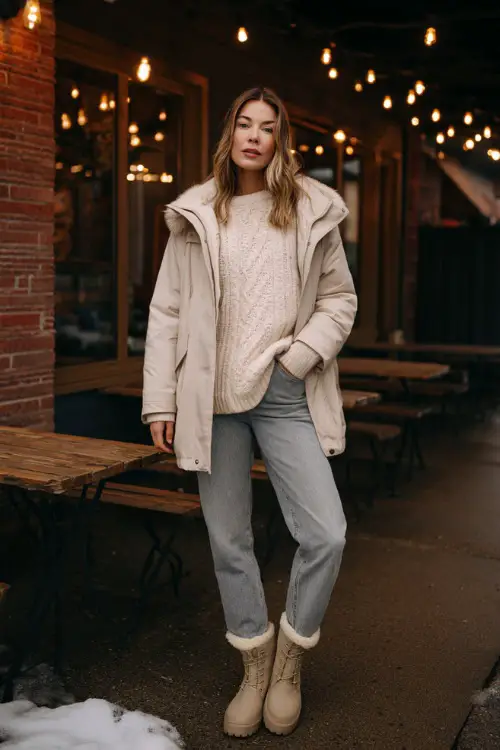 A woman wears a soft cream cable-knit sweater layered under a light beige parka, paired with relaxed straight-leg jeans and shearling-lined boots
