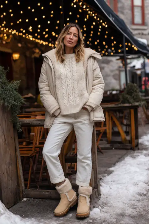 A woman wears a soft cream cable-knit sweater layered under a light beige parka, paired with relaxed straight-leg jeans and shearling-lined boots