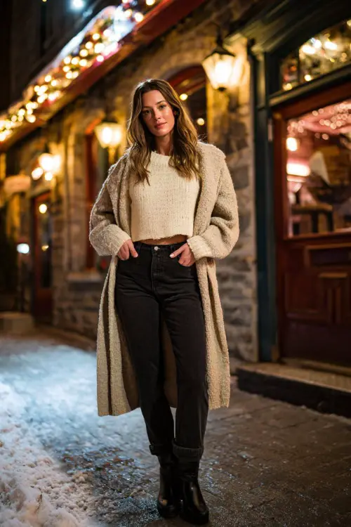 A woman wears a soft cream knit sweater tucked into high-waisted dark jeans, paired with ankle boots and a long wool coat