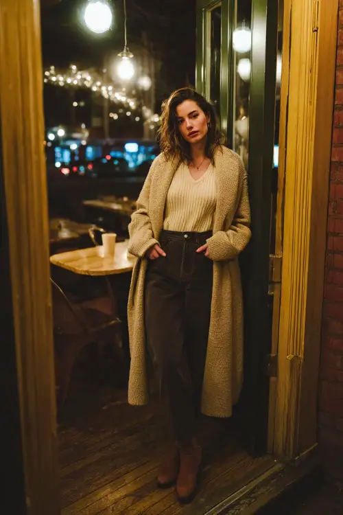 A woman wears a soft cream knit sweater tucked into high-waisted dark jeans, paired with ankle boots and a long wool coat