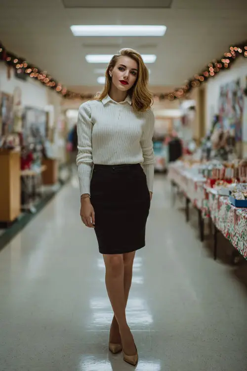 A woman wears a soft white sweater, black pencil skirt, modest heels, standing full body in a school hallway setup with Christmas treat tables and a festive banner behind her 