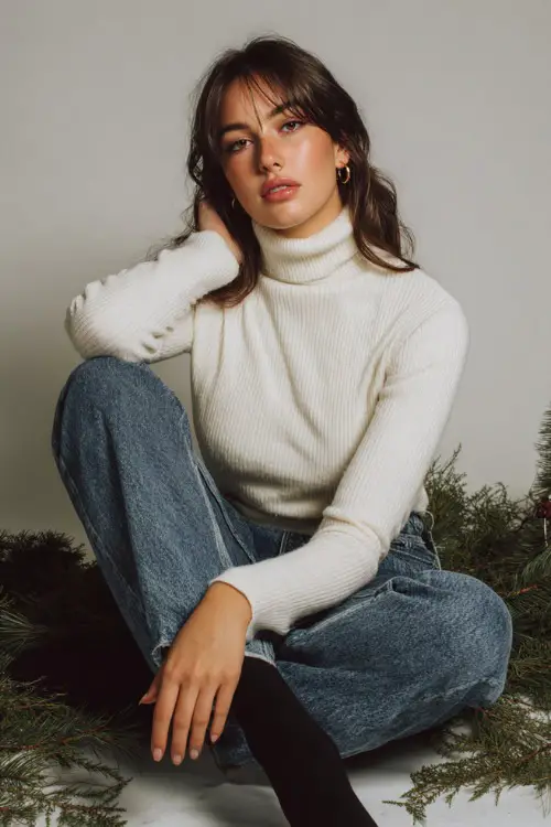 A woman wears a soft white turtleneck sweater, classic denim, black block heels, full outfit shown in a minimalist studio photoshoot set with pine branches and a small Christmas tree 
