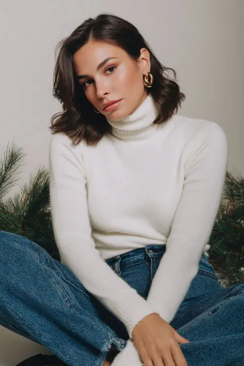 A woman wears a soft white turtleneck sweater, classic denim, black block heels, full outfit shown in a minimalist studio photoshoot set with pine branches and a small Christmas tree