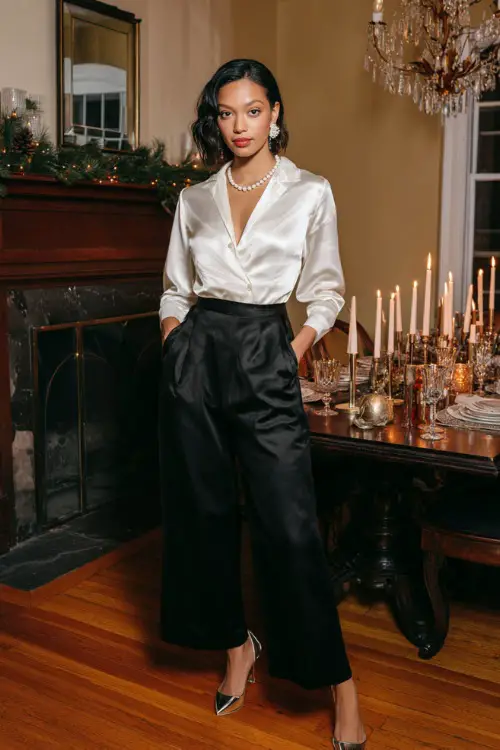 A woman wears a structured white satin blouse tucked into black wide-leg trousers, metallic heels