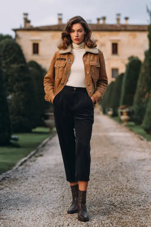 A woman wears a tan suede jacket paired with a cream turtleneck and tailored black pants, styled with leather boots