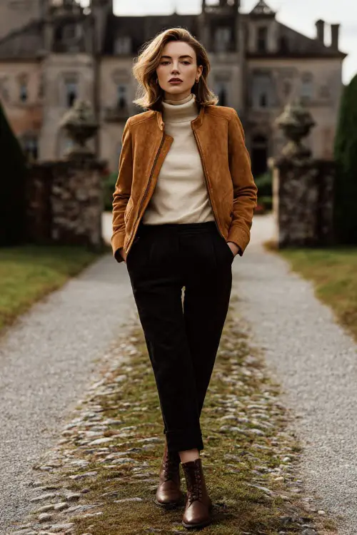 A woman wears a tan suede jacket paired with a cream turtleneck and tailored black pants, styled with leather boots, standing full body on a stone pathway leading toward an old estate