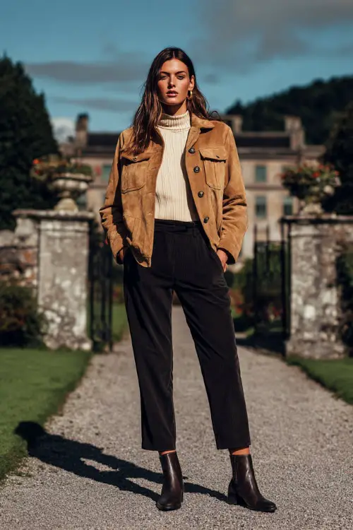 A woman wears a tan suede jacket paired with a cream turtleneck and tailored black pants, styled with leather boots