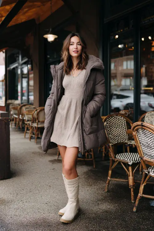 A woman wears a warm taupe knit dress layered under a puffer coat, paired with tall winter boots