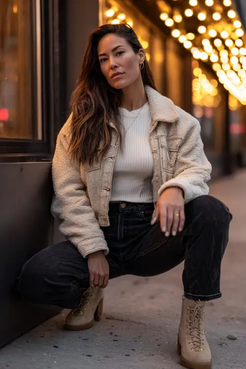 A woman wears a white ribbed mock-neck top tucked into dark jeans, paired with a sherpa-lined denim jacket and suede booties, posing near glowing café windows on a winter evening