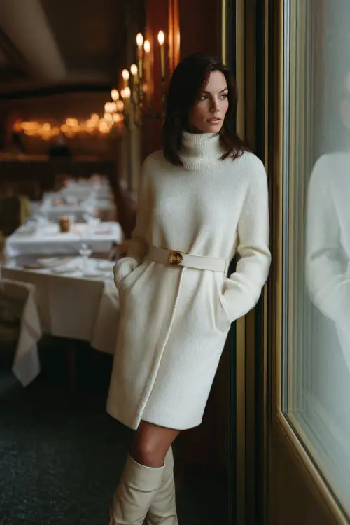 A woman wears a white wool turtleneck dress with a belted waist, paired with knee-high leather boots and a sophisticated structured coat