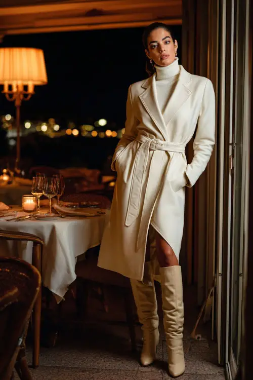A woman wears a white wool turtleneck dress with a belted waist, paired with knee-high leather boots and a sophisticated structured coat