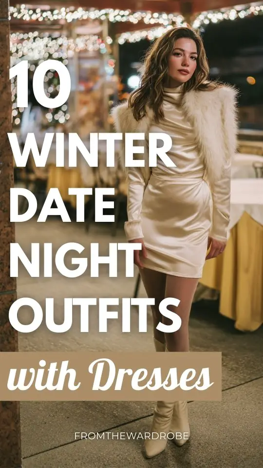 A woman wears a winter date night outfit with a dress with tights, heeled boots, and a faux-fur stole