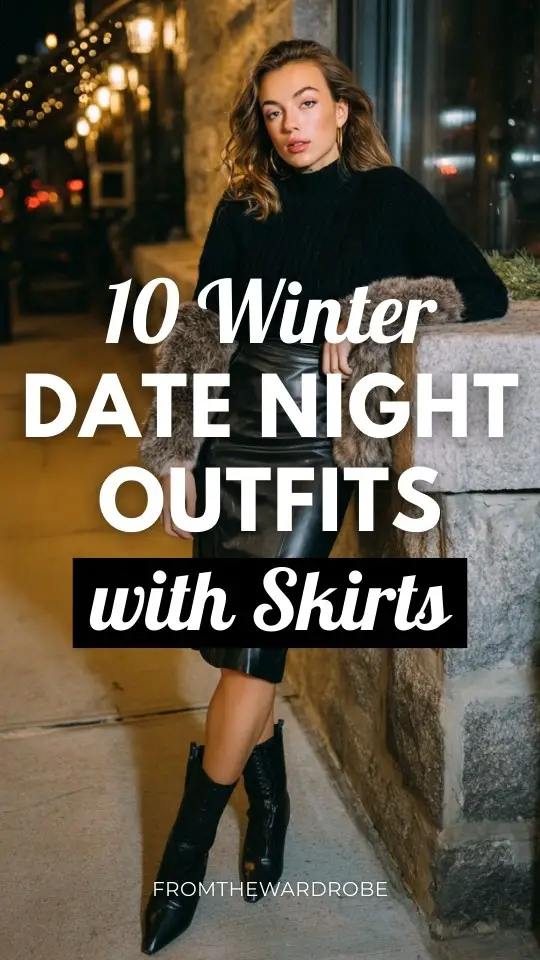 A woman wears a winter date night outfit with a skirt, a chic black sweater, paired with heeled boots and a faux-fur jacket