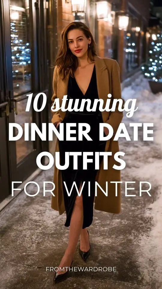 A woman wears a winter dinner date night outfit with a long-sleeve black velvet midi dress with a subtle slit, paired with pointed-toe heels and a tailored camel coat