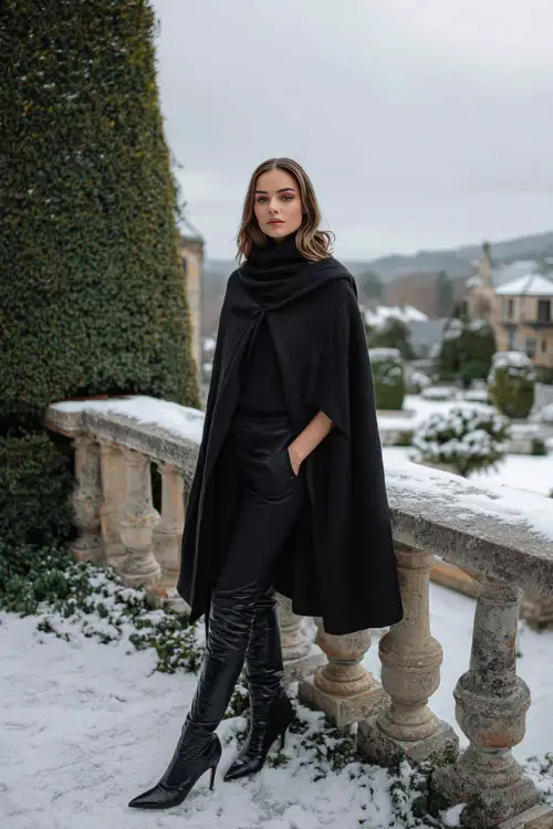 A woman wears an elegant black wool cape over a monochrome black outfit with heeled boots, standing full body at a snowy garden terrace overlooking a historic estate
