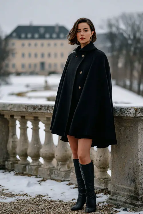 A woman wears an elegant black wool cape over a monochrome black outfit with heeled boots, standing full body at a snowy garden terrace overlooking a historic estate
