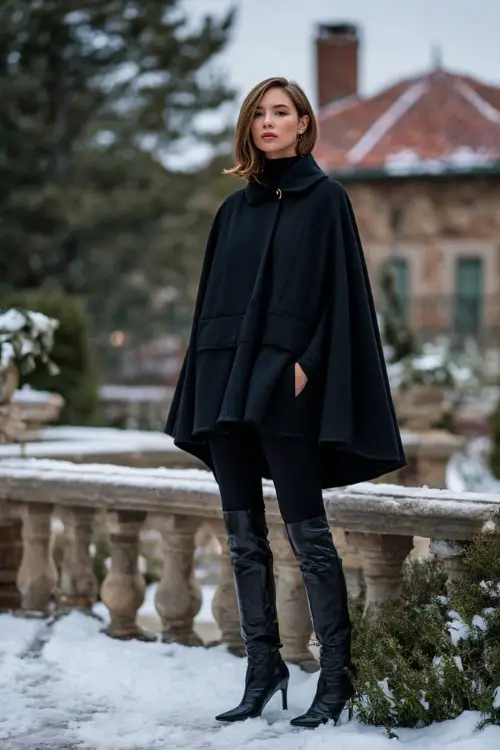 A woman wears an elegant black wool cape over a monochrome black outfit with heeled boots, standing full body at a snowy garden terrace overlooking a historic estate